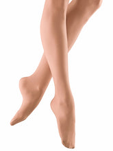 Load image into Gallery viewer, Dancer wearing full-foot ballet pink tights, shown in a crossed-leg pose against a white background.