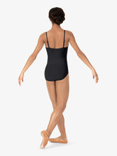 Load image into Gallery viewer, Dancer viewed from the back, wearing a black camisole leotard and pointe shoes, posing in a ballet position.