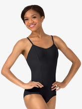 Load image into Gallery viewer, Young female ballet dancer smiling, wearing a simple black camisole leotard with a gathered front detail.