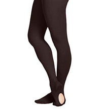 Load image into Gallery viewer, A close-up view of legs wearing opaque black convertible dance tights, showing the foot opening.