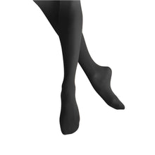 Load image into Gallery viewer, Dancer wearing opaque black full-foot dance tights, shown in a crossed-leg pose isolated against a white background.