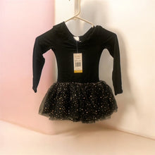 Load image into Gallery viewer, A black long-sleeved ballet dress featuring a sparkly, star-patterned tulle tutu skirt, displayed on a hanger.