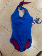 Load image into Gallery viewer, Ek neele rang ki halter-neck dance leotard, jismein gehre maroon (burgundy) rang ki trim detailing hai, ek farsh par rakhi hui hai.