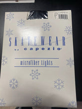 Load image into Gallery viewer, Capezio Skatewear microfiber skating tights nv range ka packaging, child size medium (M), navy rang ke pattern wale background par rakha hua. Packaging par "SKATEWEAR by capezio®" aur "microfiber tights" likha hai.