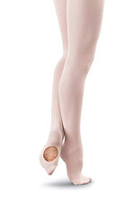 Load image into Gallery viewer, A close-up view of a dancer's legs wearing light pink convertible ballet tights, showing the opening at the foot.