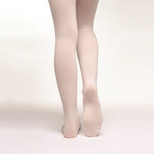 Load image into Gallery viewer, Rear view of a dancer wearing full-foot white ballet tights, positioned on a seamless light background.