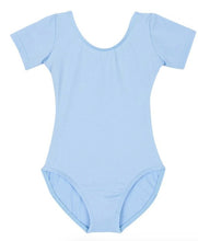 Load image into Gallery viewer, Light blue short-sleeve leotard shown flat against a white background.