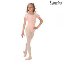 Load image into Gallery viewer, Ek yuva ballet dancer ne halka gulabi (light pink) short-sleeve leotard aur matching tights pehne hue hain, jo ballet pose mein khadi hai.