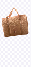 Load image into Gallery viewer, A light peach-colored quilted dance duffel bag featuring an embroidered ballerina silhouette.