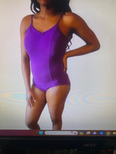 Load image into Gallery viewer, Dancer wearing a vibrant purple camisole leotard with a gathered center-front detail, shown from the side.