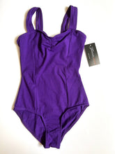 Load image into Gallery viewer, A vibrant purple dance leotard featuring wide shoulder straps and a ruched sweetheart neckline, shown isolated on a white background with a product tag.