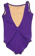 Load image into Gallery viewer, Back view of a purple tank-style leotard for dance, featuring a deep v-shaped back cutout with a beige liner, shown isolated on a white background.