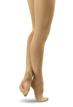 Load image into Gallery viewer, Dancer wearing tan convertible dance tights shown with the foot opening pulled up to expose the foot, isolated against a white background.